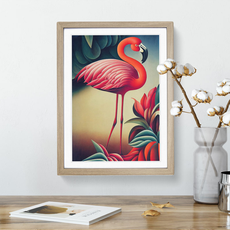 Curious Flamingo - Single Picture Frame Print, 46cm H x 34cm W x 2cm D, Oak