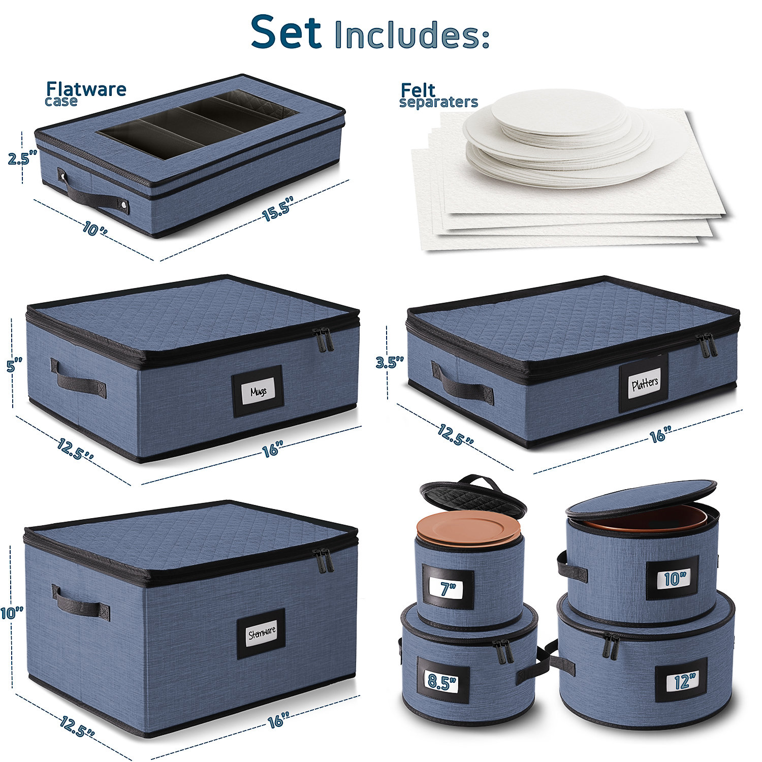 8-Piece Hard Shell China Dinnerware Storage Containers Set, Blue