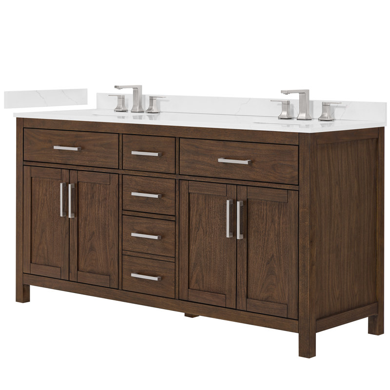 Beckett 66" Freestanding Double Bathroom Vanity with Quartz Top, Brushed Gold, White Quartz, Whitewashed Oak
