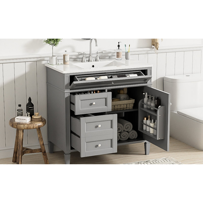 Armoire de salle de bain moderne 36 po avec tiroir basculant et meuble-lavabo d'apparence élégante, Gris