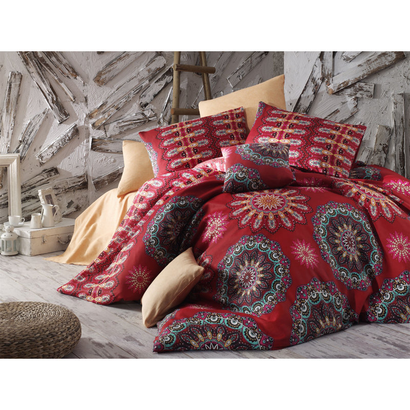 Ensemble de housse de couette 100% coton 3 pièces Carine, Housse de couette 61 po x 79 po + 1 taie d'oreille, Rouge