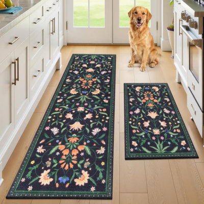 Floral Non-Slip Washable Kitchen Rug Mat (Set of 3）