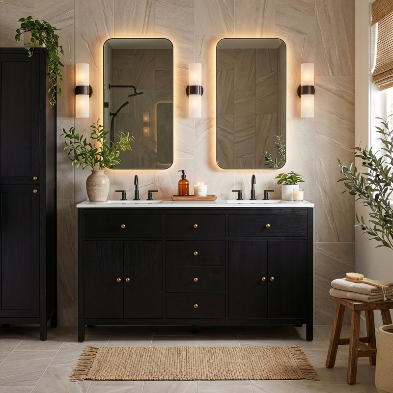 Meuble-lavabo double 60 po avec comptoir en quartz Celine, Brown