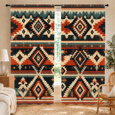 2Pcs Boho Tribal Pattern Curtains, Geometric Diamond Sunshade, Light Filtering Privacy, Rod Pocket Design, for Living Room Bedroom Balcony Kitchen Home Decor