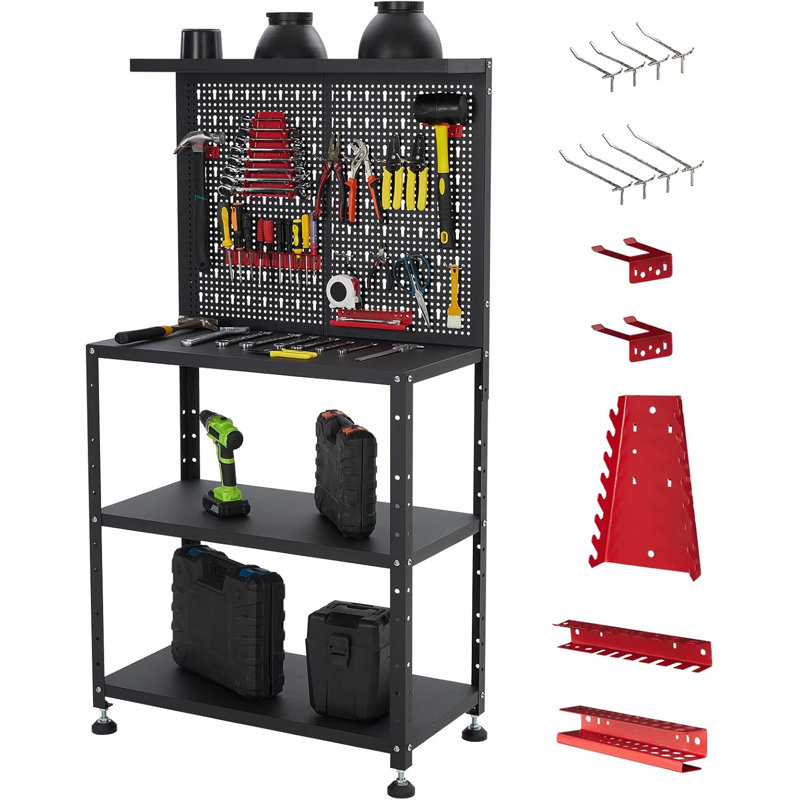 Établi de garage robuste avec panneau perforé, établi dans un espace de travail réglable pour petit atelier, banc de travail pour garage, atelier