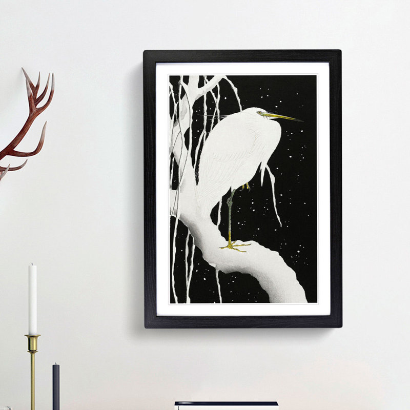 White Heron in the Snow by Ohara Koson - Framed Print, 36cm H x 27cm W x 2cm D, Black Framed