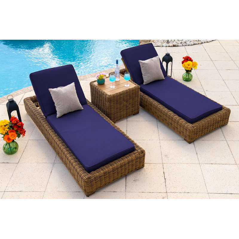 Malmo Collection In Gray Outdoor Metal Chaise Lounge with Table , Sunbrella Cushion Included, Sunbrella Navy, Brown