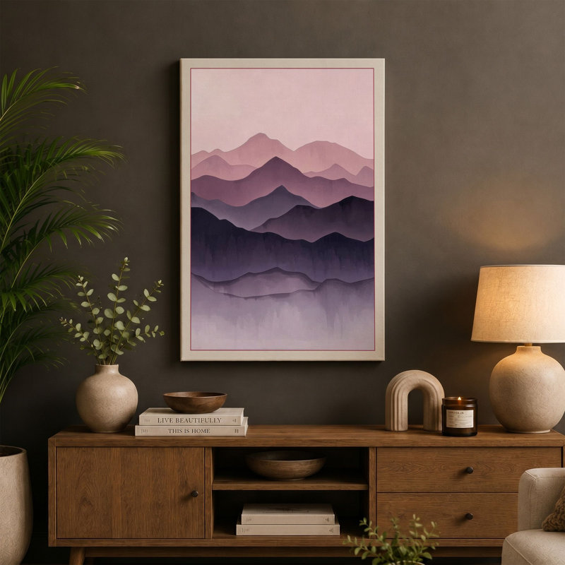 Mountains at Dusk Scandinavian - Wrapped Canvas, 36x24 - 91.4 x 61.0 cm, Teal Border