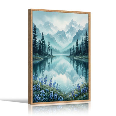 Tableau sur toile représentant un lac de montagne brumeux avec des fleurs sauvages bleues