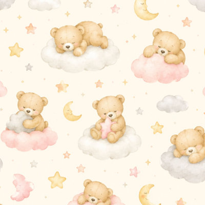 Papier peint adhésif sans raccord, motif ours en peluche, nuages ​​et lune rose, amovible et autocollant, pour chambre, cuisine et placards, 45 cm x 300 cm