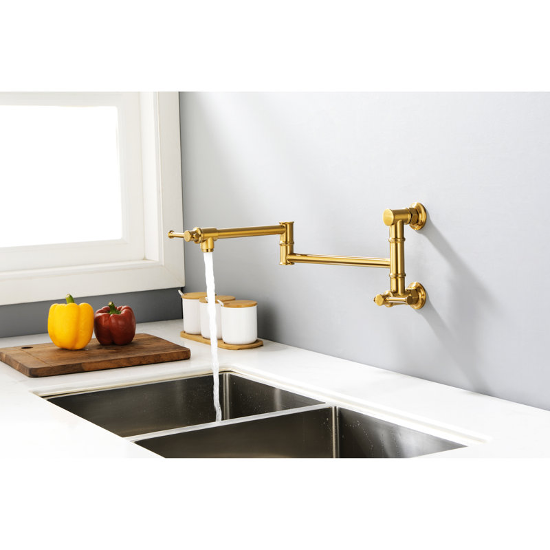 Pot Filler Faucet Wall Mount - Brass, Gold Color, Double Handles, Splash- Modern Brass Mount, Gold, Finish