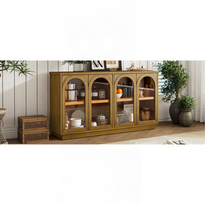 4-Door Large Storage Buffet Cabinet with Glass Doors, Arched Cabinet with Adjustable Shelves for Kitchen, Dining Room and Living Room (Old Pine)
