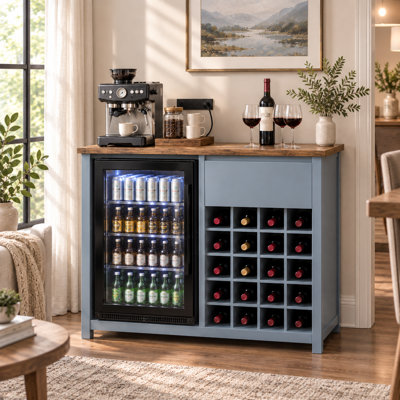 41.7 Inch Modern Farmhouse Coffee Bar Cabinet with Mini Fridge Space, Built-in Power Outlet & 20-Bottle Wine Rack, Blue-Gray