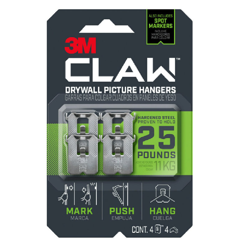3M 25lb Hardened Steel Drywall Picture Hanger with Spot Marker, 4-Pack