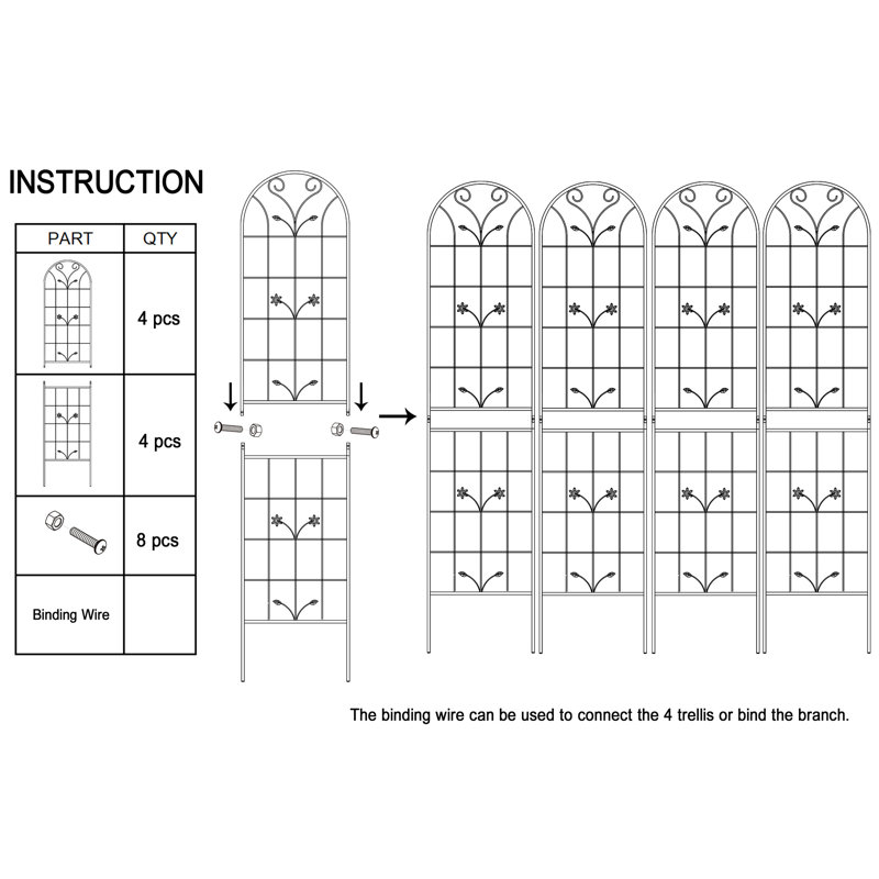 Treillis en métal 86,7 po x 19,7 po 4, fixation pour plantes d'extérieur antirouille, noir, méthode d'assemblage simple, et piédestal de structure, travail,