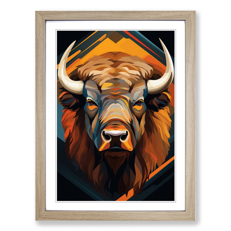 Bison Op No.2 - Single Picture Frame Print on Wood, 34cm H x 25cm W x 2cm D, Oak Framed