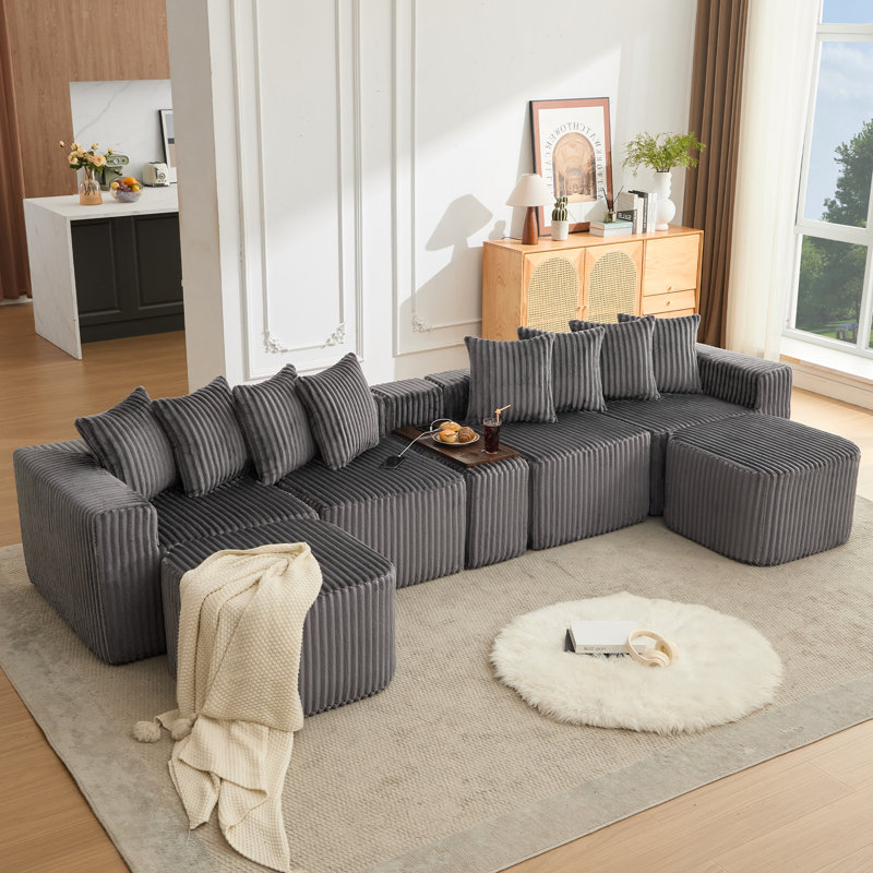 [Nouveauté] [Vidéo fournie] Canapé en U de 137,5 po, charge USB et sans fil, table basse avec porte-gobelet, canapé mobile surdimensionné, repose-pieds mobile, 6 sièges, velours côtelé, gris (ancien sku: W2108S00156)