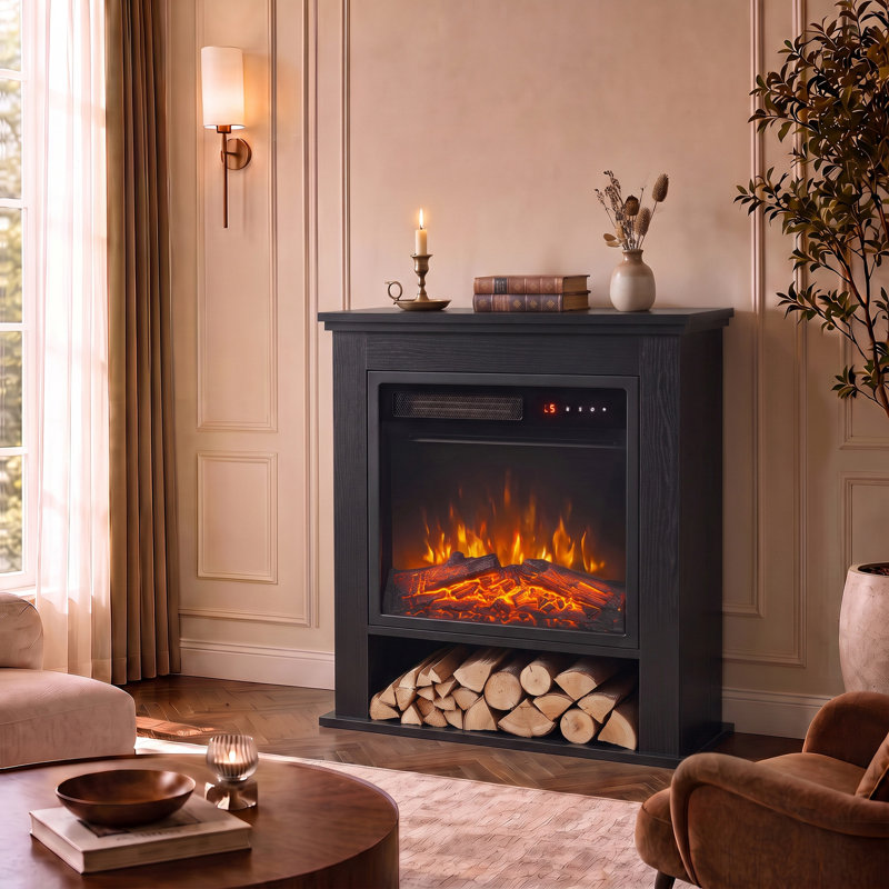 Freestanding Electric Fireplace Suite, 25" 1800W, Open Shelf, Oak, Black