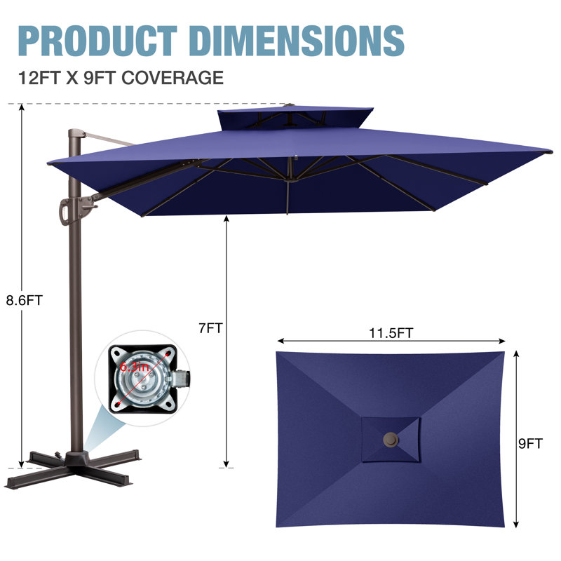 Parasol en porte-à-faux décalé pour terrasse de 141 po x 104 po, base lestée non incluse, Marine