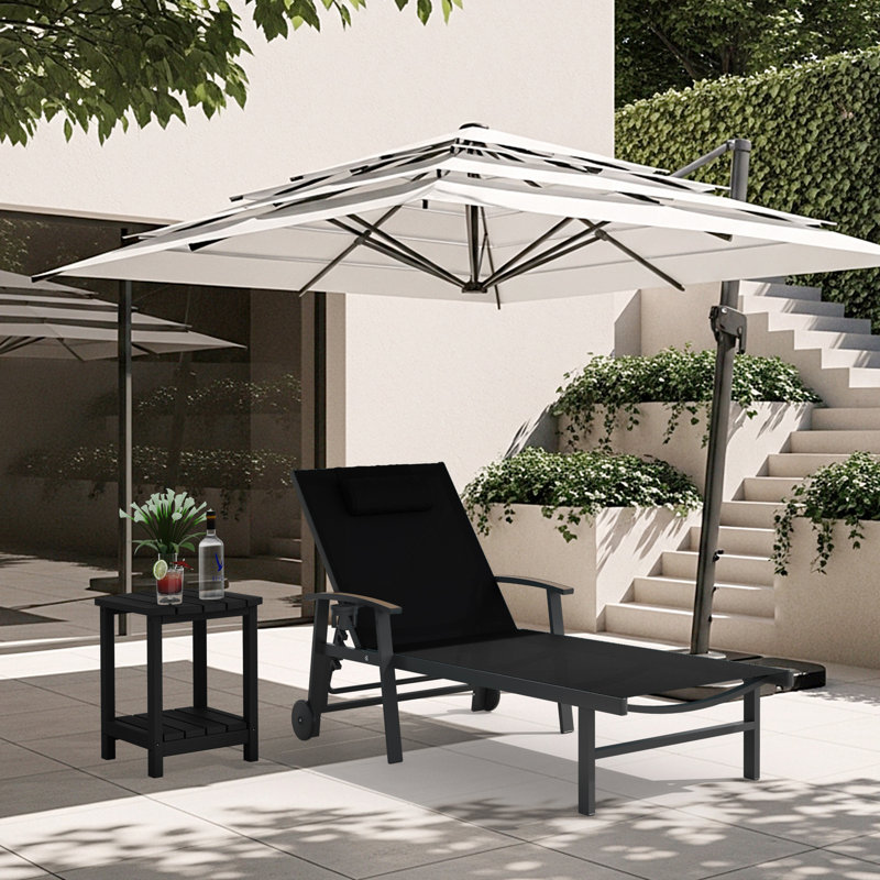 Outdoor Patio Adjustale Chaise Lounge Chair With Wheels And Armrests, Black