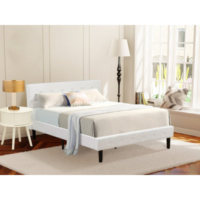 Nolan Platform Bed - Button Tufted White Velvet Fabric Upholstered Headboard & Footboard, Black Legs, Full Size Bed