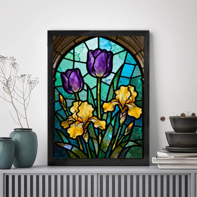 Art mural floral noir encadré noir - tulipes colorées boho et iris