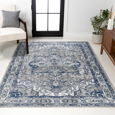 Tapis moderne persan rétro à motif de médaillons gris clair / bleu marine Lawton