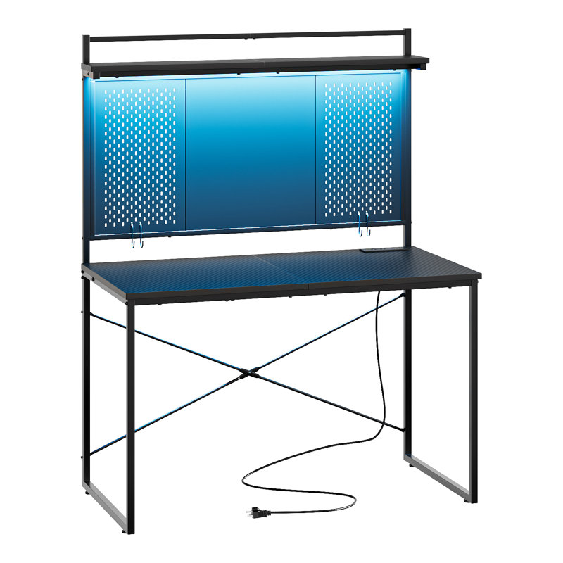 Nedyo 39''W LED Gaming Desk with Hutch and Pegboard, Computer Home Office desks with Power outlet and Shelf