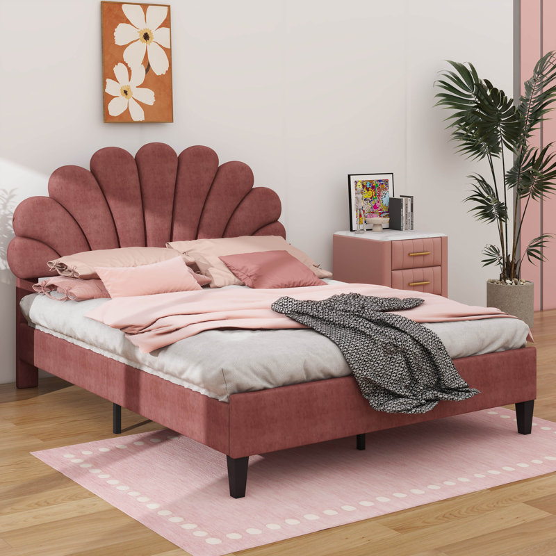 Lit plateforme tapissier en velours avec tête de lit à motif floral, Grand lit, Pâte de haricots rouge