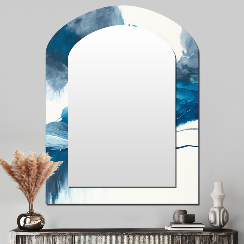 Through The Sapphire Blue Clouds V - Liquid Ink Irregular Shape Mirror, Blue Asymmetrical Unique Wall Mirror, Printed Metal Art