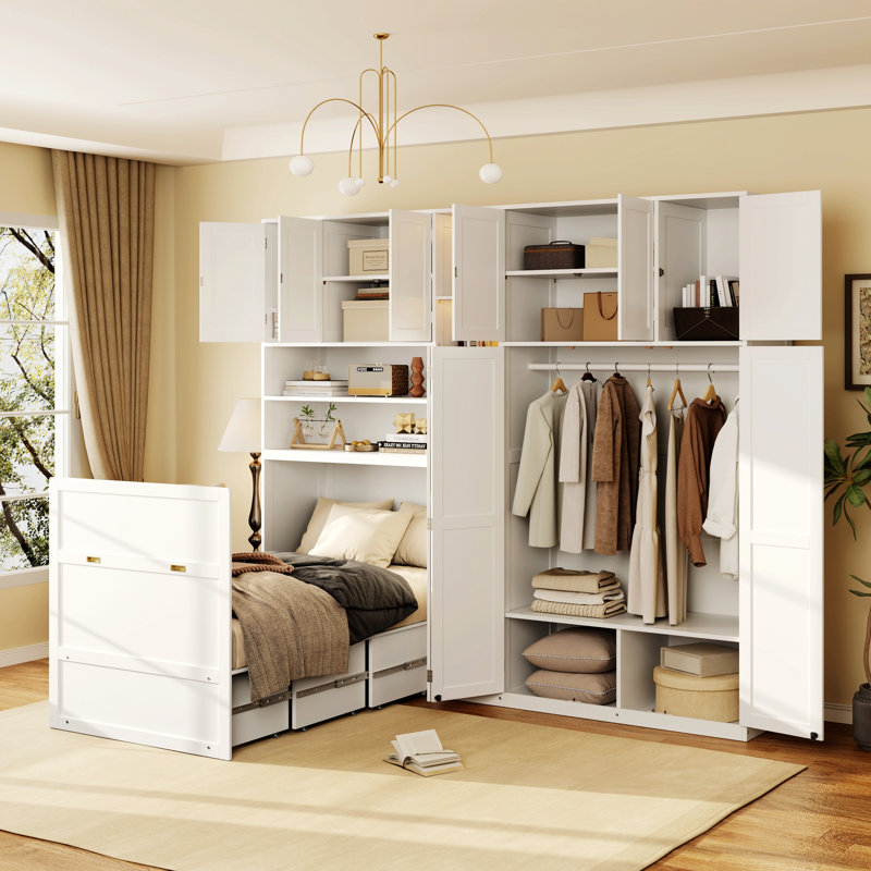Cadre de lit moderne, lit escamotable avec armoire, étagères de rangement, étagères d'affichage DEL à 5 niveaux, Blanc