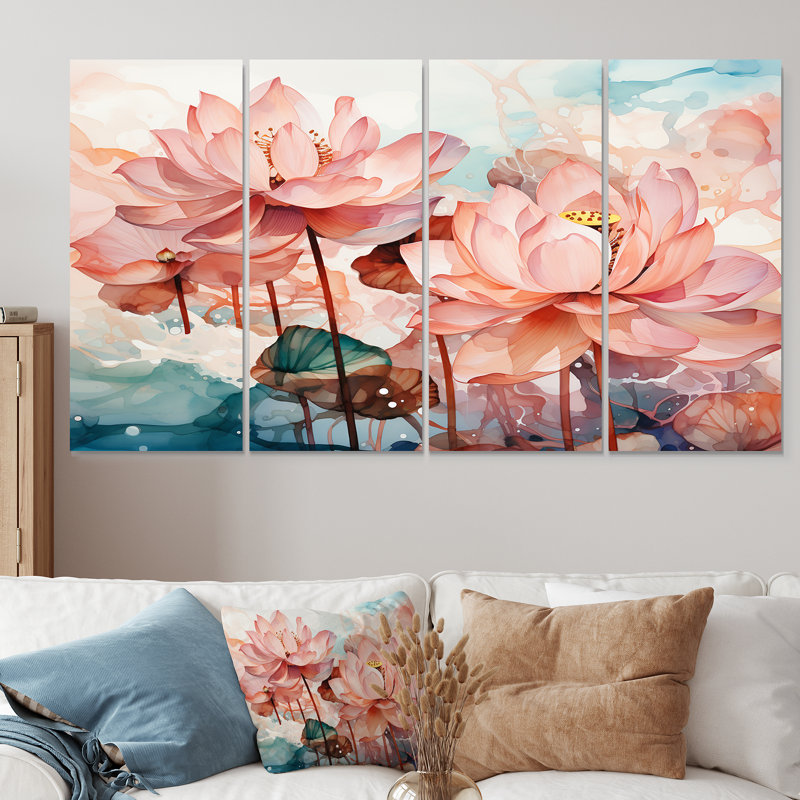 Lotus Pond, encre de Chine rose et verte - art mural 4 pièces, H 32 po x l 64 po
