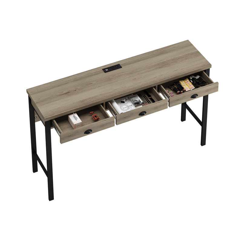 Long Dining Table Set With Power Outlets, Bar Kitchen Table Set With Circular Stools, Easy Assemble, Brown Gray Table+black Stool