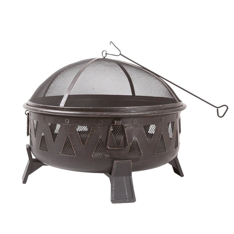 Antique Black Steel Round Wood-Burning Fire Pit with Decorative Cutouts