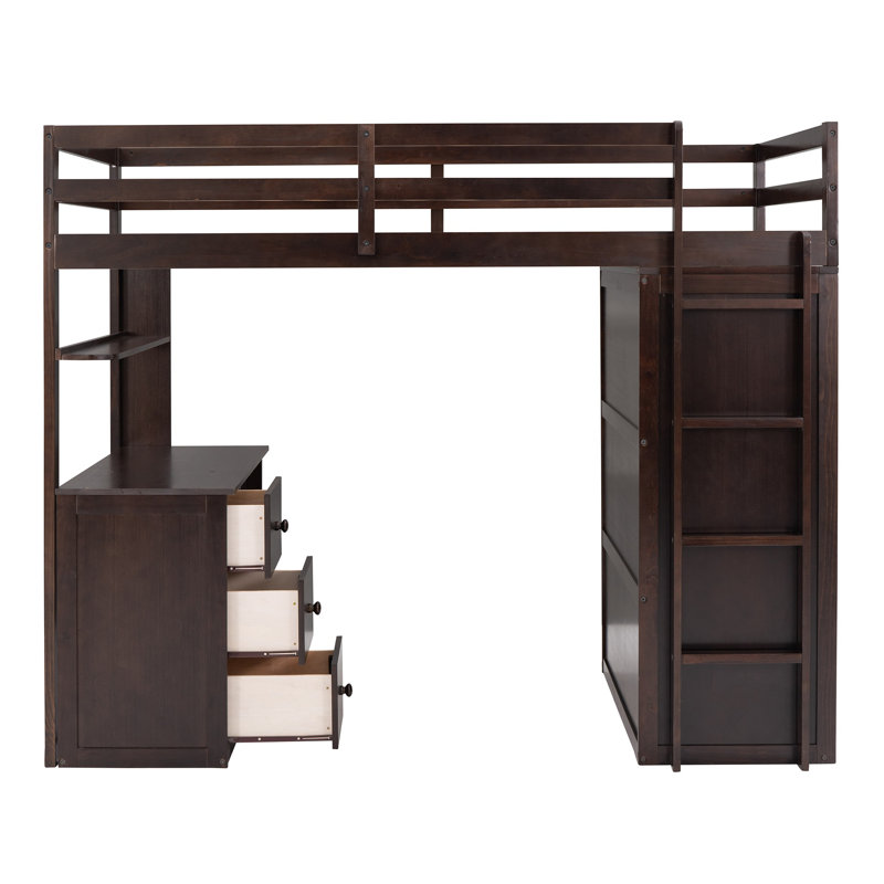Lit mezzanine avec tiroirs, bureau et garde-robe, Lit simple, Espresso