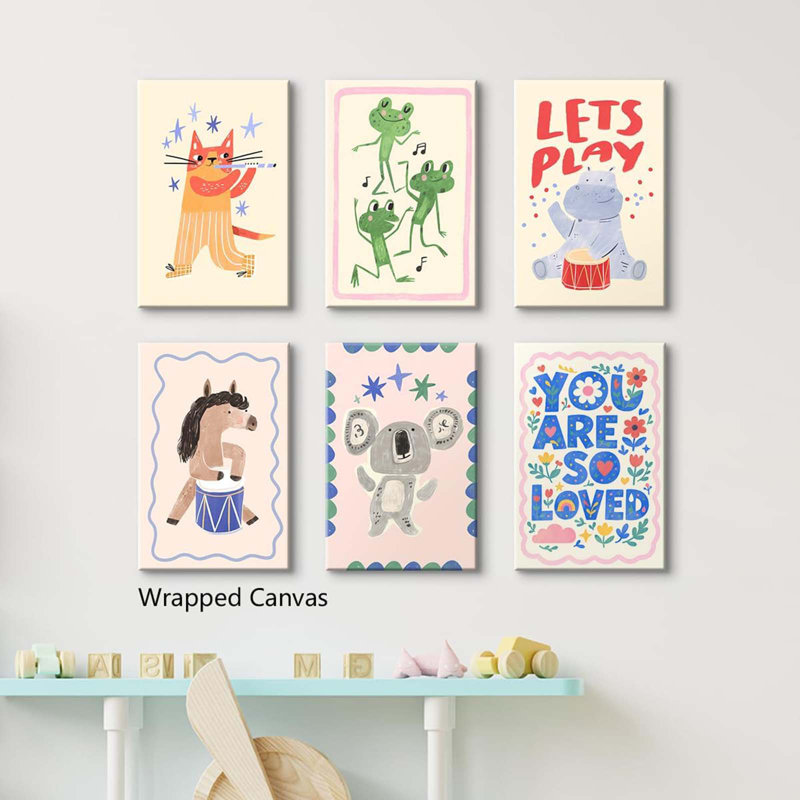 6Pcs Animal Music Concert Canvas Wall Art, Cute Frogs And Raccoon Dancing Kids Room Poster, Funny Fox Hippo And Zebra Playing Pictures, You Are So Loved Nursery Quote Print Wrapped Canvas