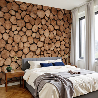 Papier peint auto-adhésif à texture de bois de chauffage empilé et collé aux tons de brun naturel H 69 po x l 96 po, papier peint amovible en PVC pour chambre à coucher, bureau à domicile