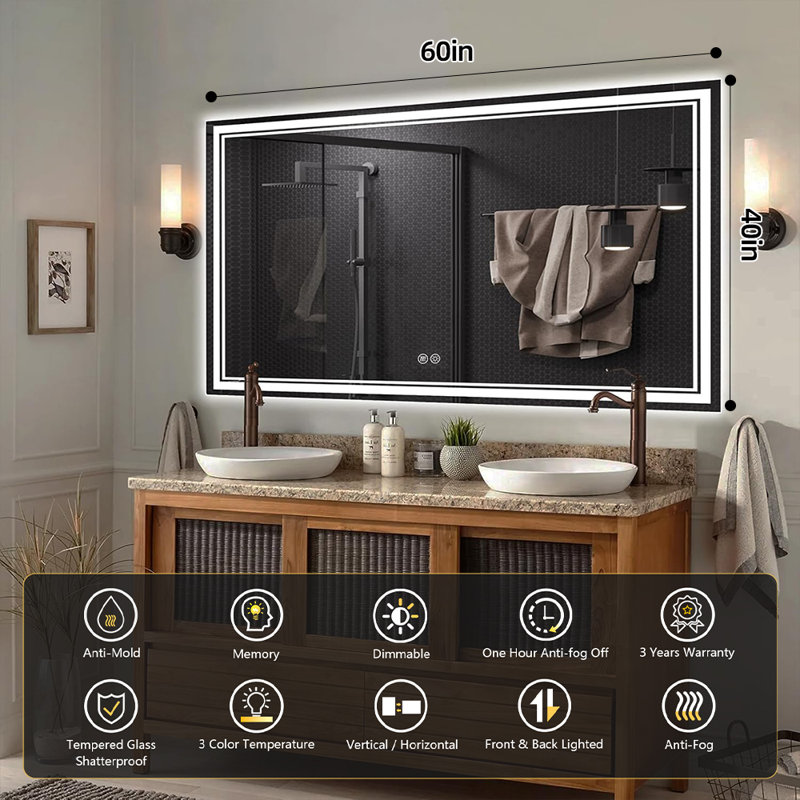 Chrisna UL Certified LED Bathroom Vanity Mirror, Front & Backlit, Anti-Fog Tempered Glass with 3-Year Warranty, 60"×40"