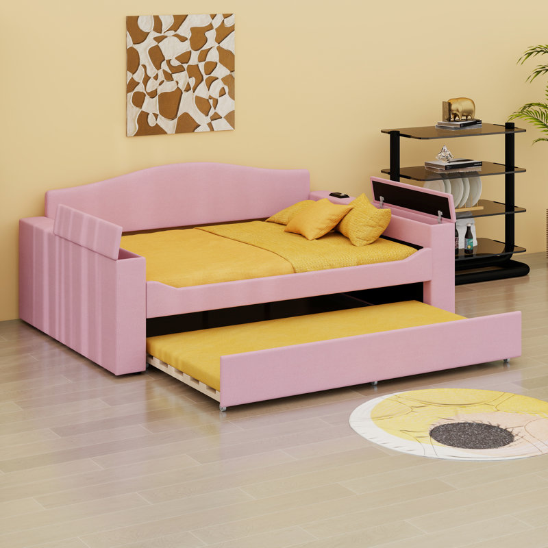 Lit de jour rembourré en molleton moderne avec accoudoirs de rangement, lit gigogne et système audio Bluetooth intégré, Rose