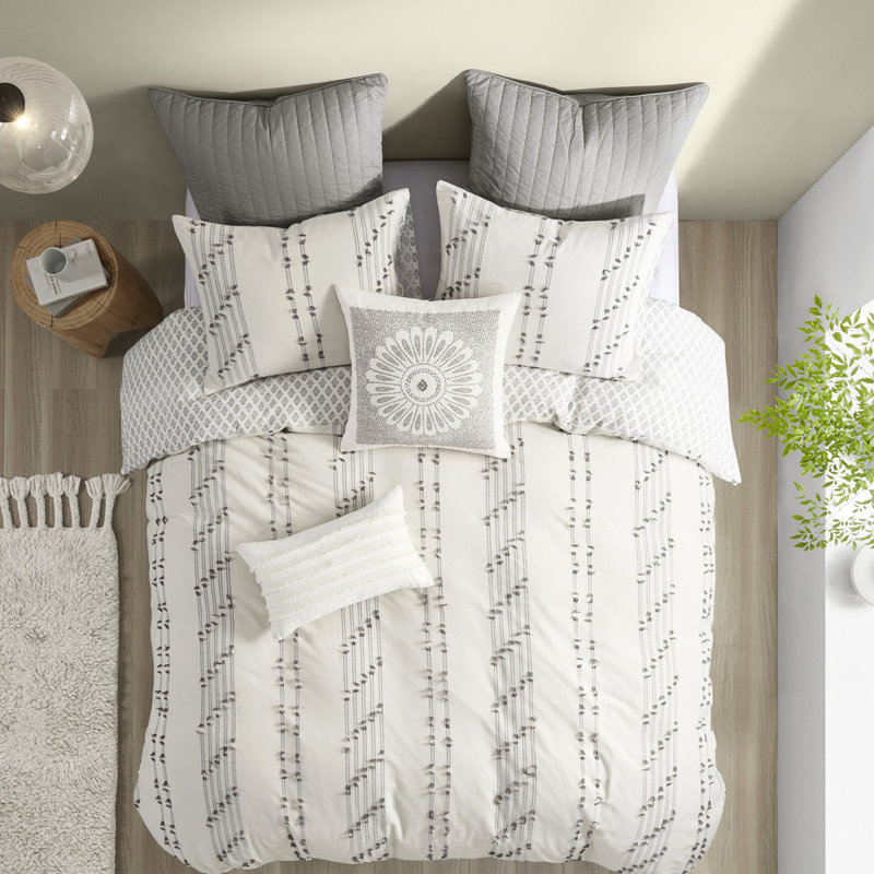 Housse de couette en coton pour très grand / très grand lit - Rayures grises, avec motif d'étoiles