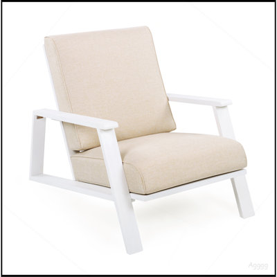 Méridienne de patio, fauteuil club d'extérieur avec coussin beige et structure en bois d'acacia blanc