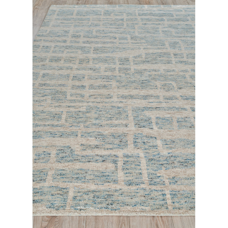 Aldridge Geometric Hand-Knotted Light Blue Area Rug, Rectangle 9' x 12'