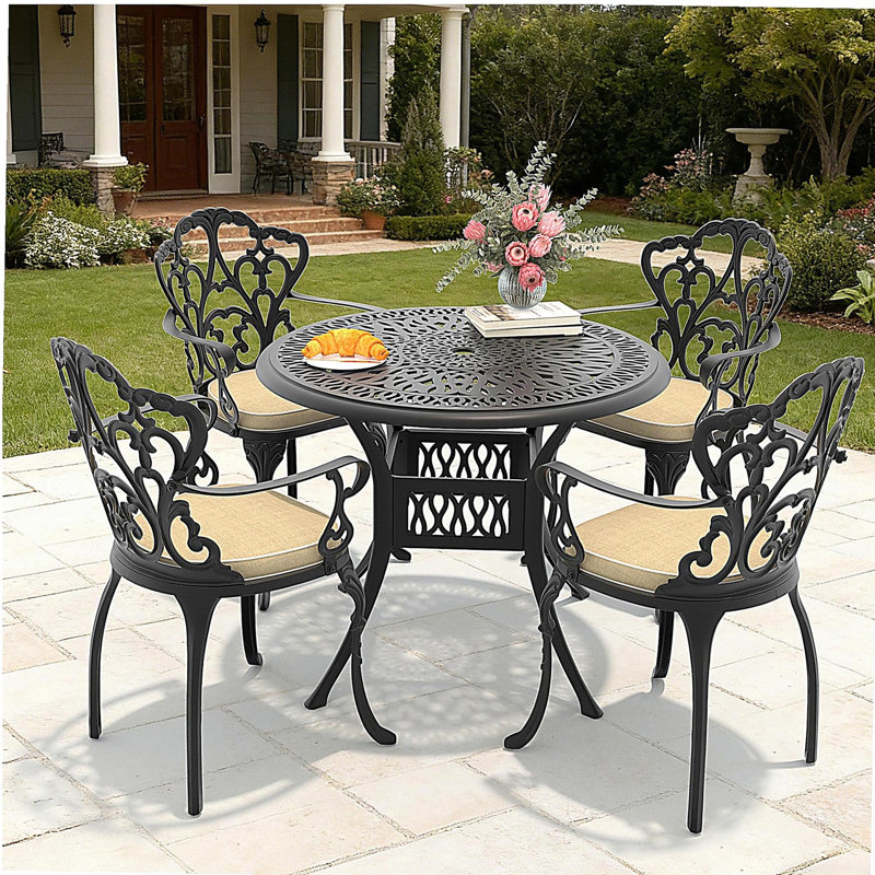 Ensemble de 5 meubles de patio en aluminium coulé avec cadre noir et coussins de siège blanc cassé (même sku: W1710S00054)