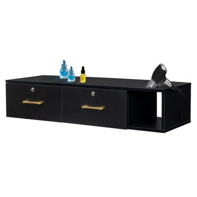 Station de coiffeuse murale avec rangement verrouillable et 3 supports pour sèche-cheveux - Salon de beauté professionnel et cabinet d'organisation de coiffeur, noir