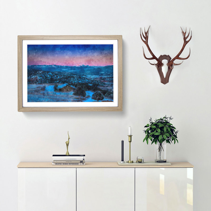 Mountain Range Behind the Cabin - Picture Frame Painting Print, 62cm H x 87cm W x 2cm D, Oak Framed