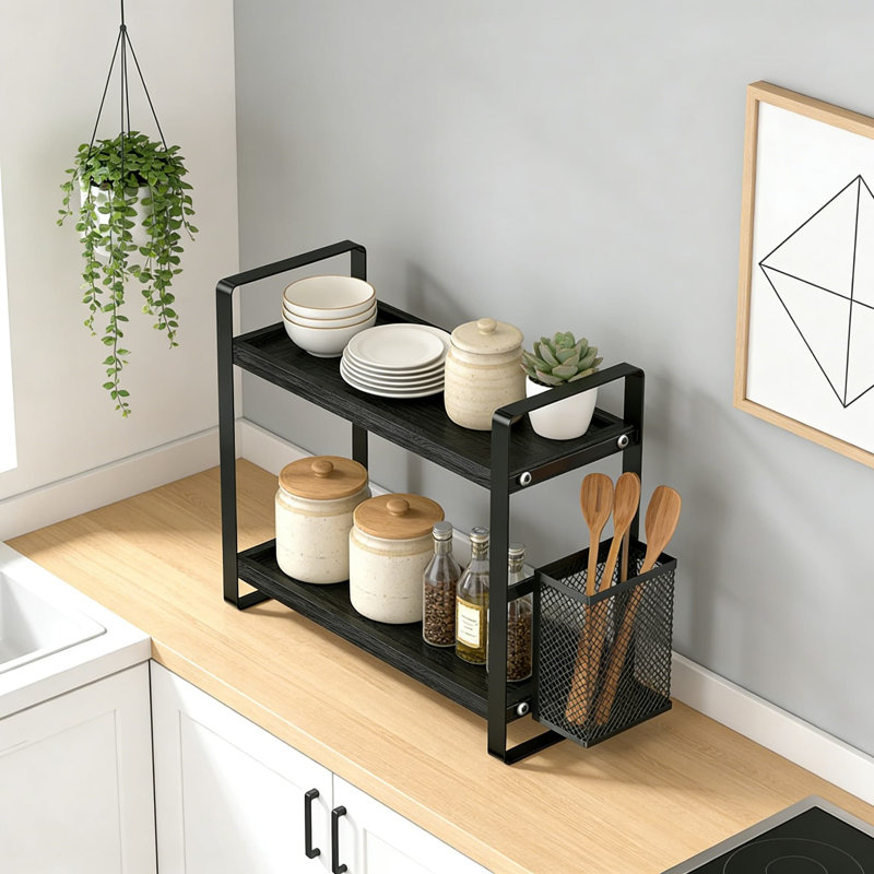 Support de rangement de cuisine extensible à 2 niveaux avec paniers latéraux, tablette de rangement multifonctionnelle pour épices, station de café, ustensiles, comptoir de salle de bain ou de bureau