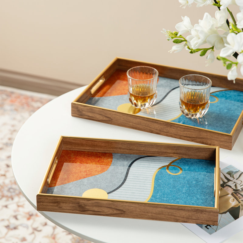 Plateaux décoratifs rectangulaires abstraits en bois et en plastique avec poignées