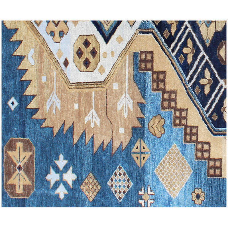 Hand Knotted Navajo Rug- Blue & Gold Southwestern Area Rug 6' x9' ft, Custom Size Wool Rug for Living Room, Scandi Decor, Tribal Kilim, Boho Floor Mat