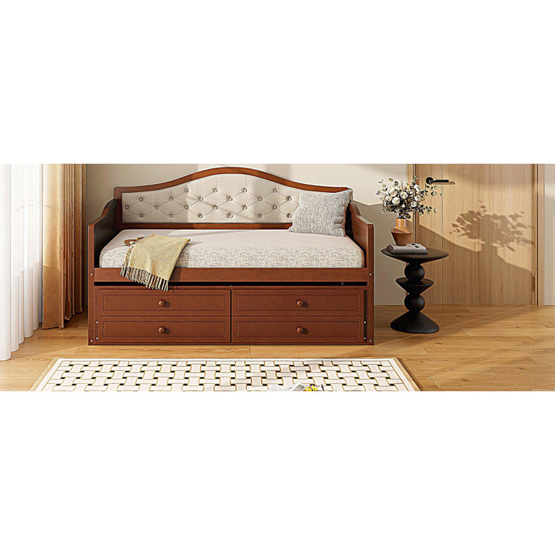 Twin Size Daybed with Trundle and 2 Storage Drawers, Wooden Sofa Bed with Upholstered Button Tufted Backrest, Walnut