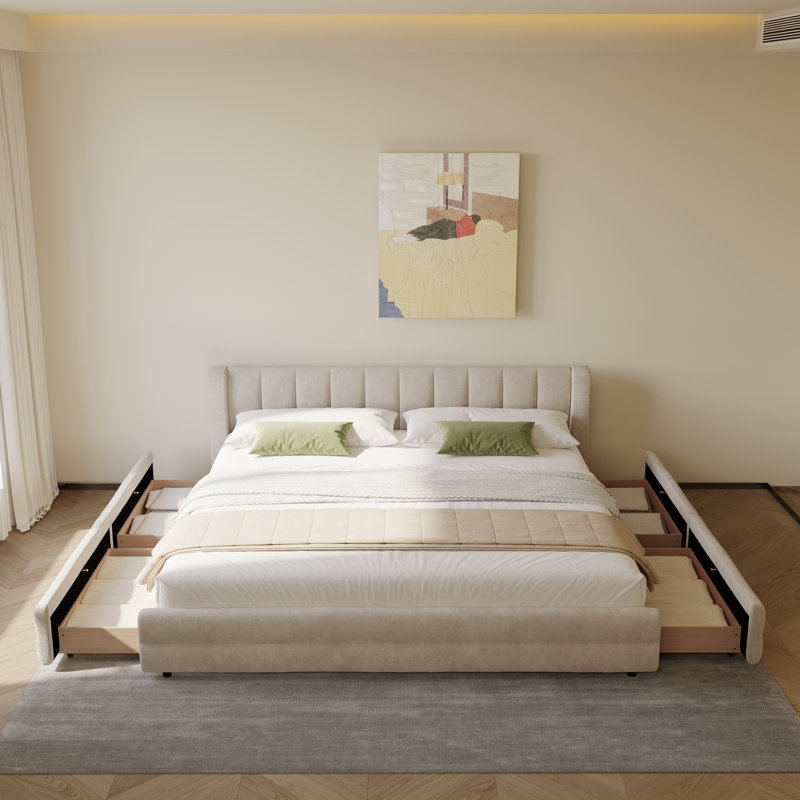 Structure de lit plateforme en chenille avec tête de lit et tiroir de rangement rembourrés, Très grand, Beige